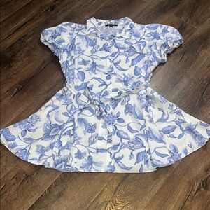 Cynthia Steffe Blue White Floral Puff Sleeve Collared Tie Waist Dress Size 2x